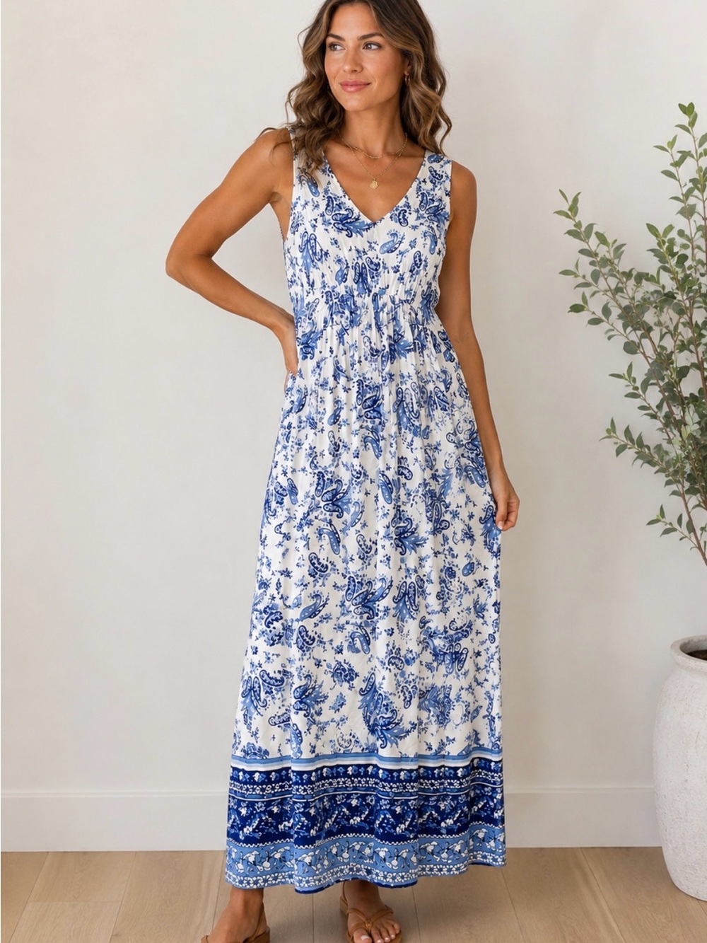 Lucky Brand S Blue Paisley Border Print Maxi Dress Boho 100% Rayon